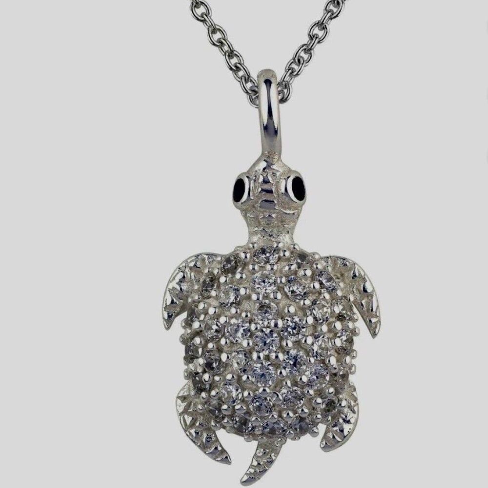 Turtle pendant necklace 925 sterling silver simulated diamonds New